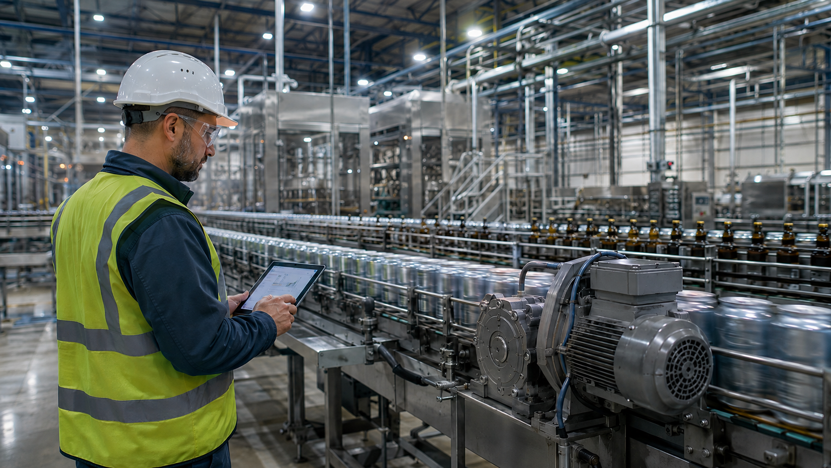 Brewery packaging line reliability engineer monitoring a high-speed bottling and canning line
